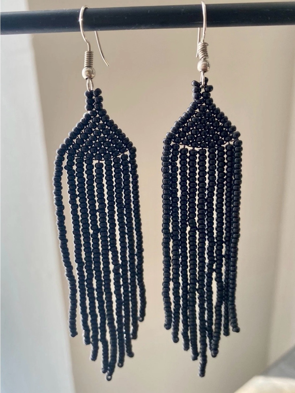 Handmade Black Beaded Fringe Earrings - Women Jewelry